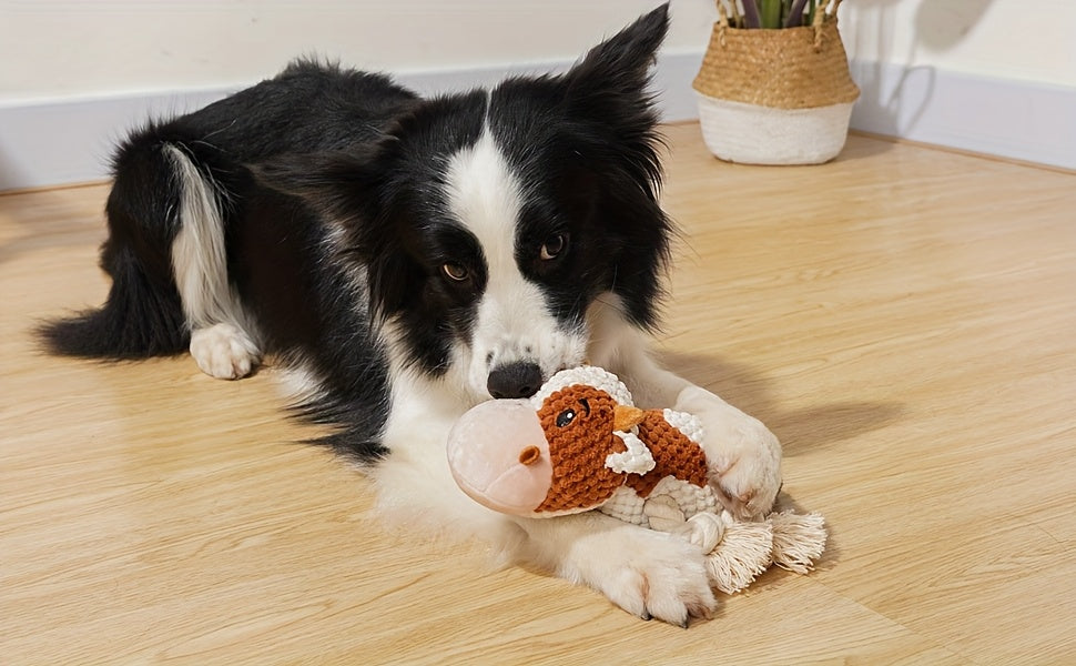 Cow Dog Toy with Knotted Rope Legs, 8-Inch Squeaky Crinkle Plush Pet Toy for Supervised Gentle Tug of War, Fetch and Interactive Puppy Play