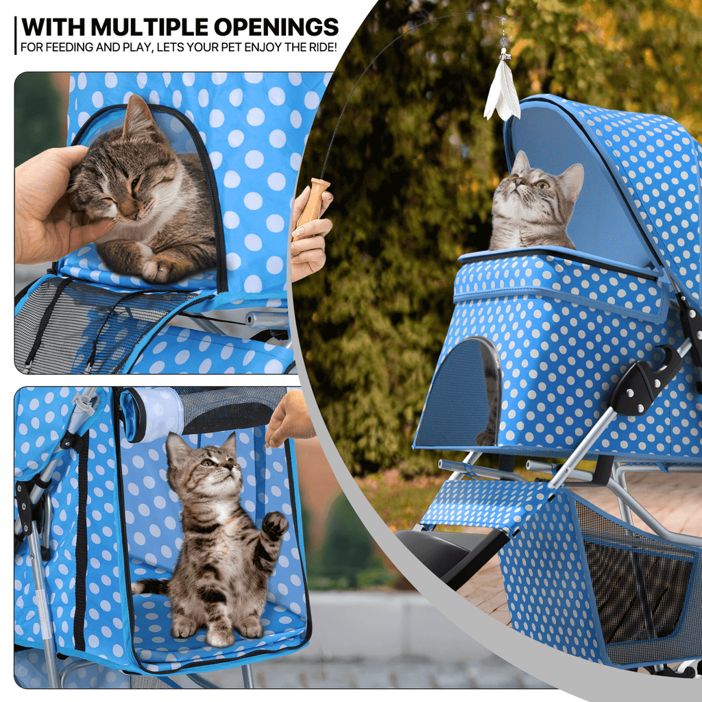 Three-Wheel Dog Stroller with Weather Cover, Foldable Mesh Pet Pushchair for Small Dogs and Cats, Storage Basket, Cup Holder and 10 Style Options