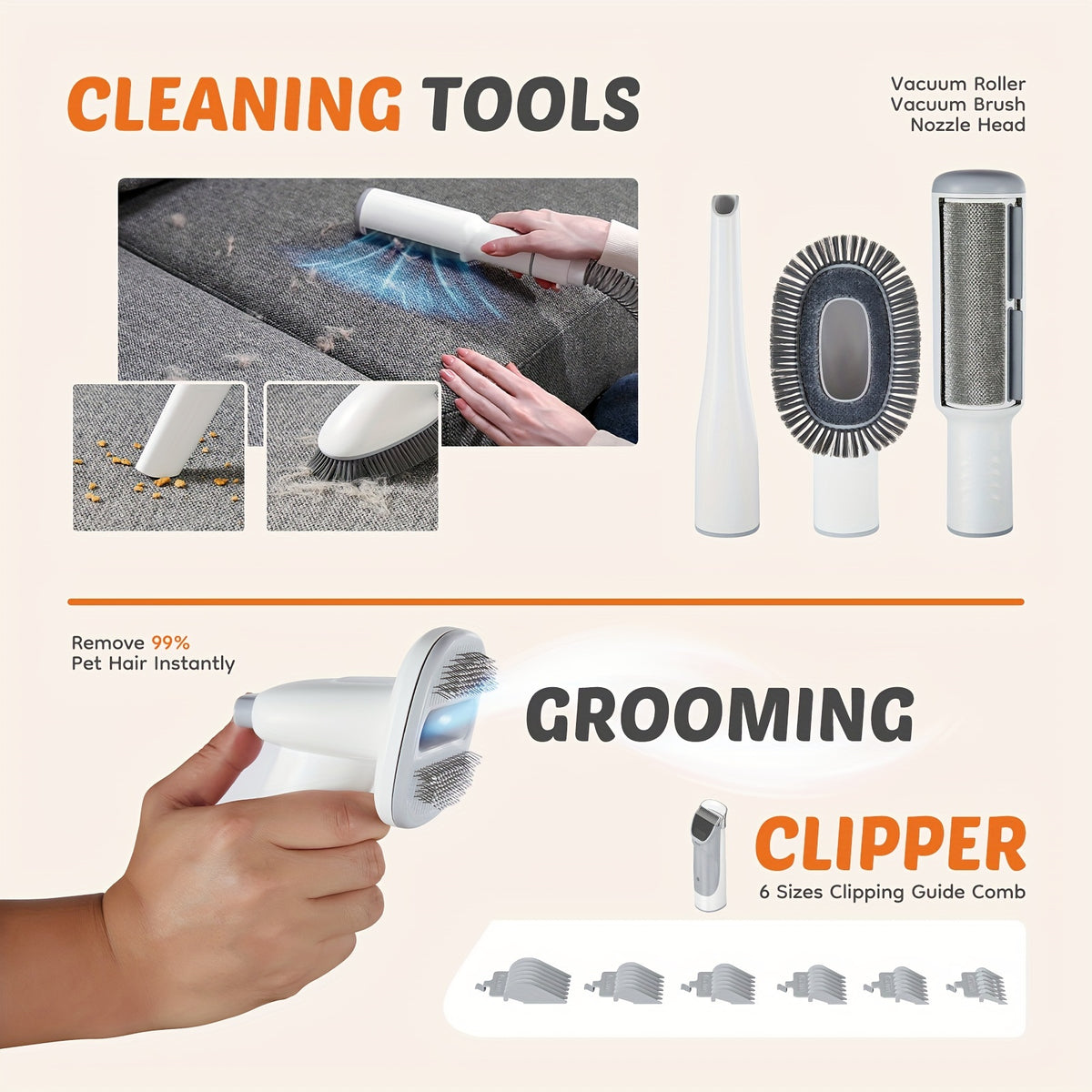 Pet Hair Grooming Vacuum Kit, 5-in-1 Dog and Cat Clippers with 6 Guide Combs, Adjustable Suction and Brushes for At-Home Coat Care
