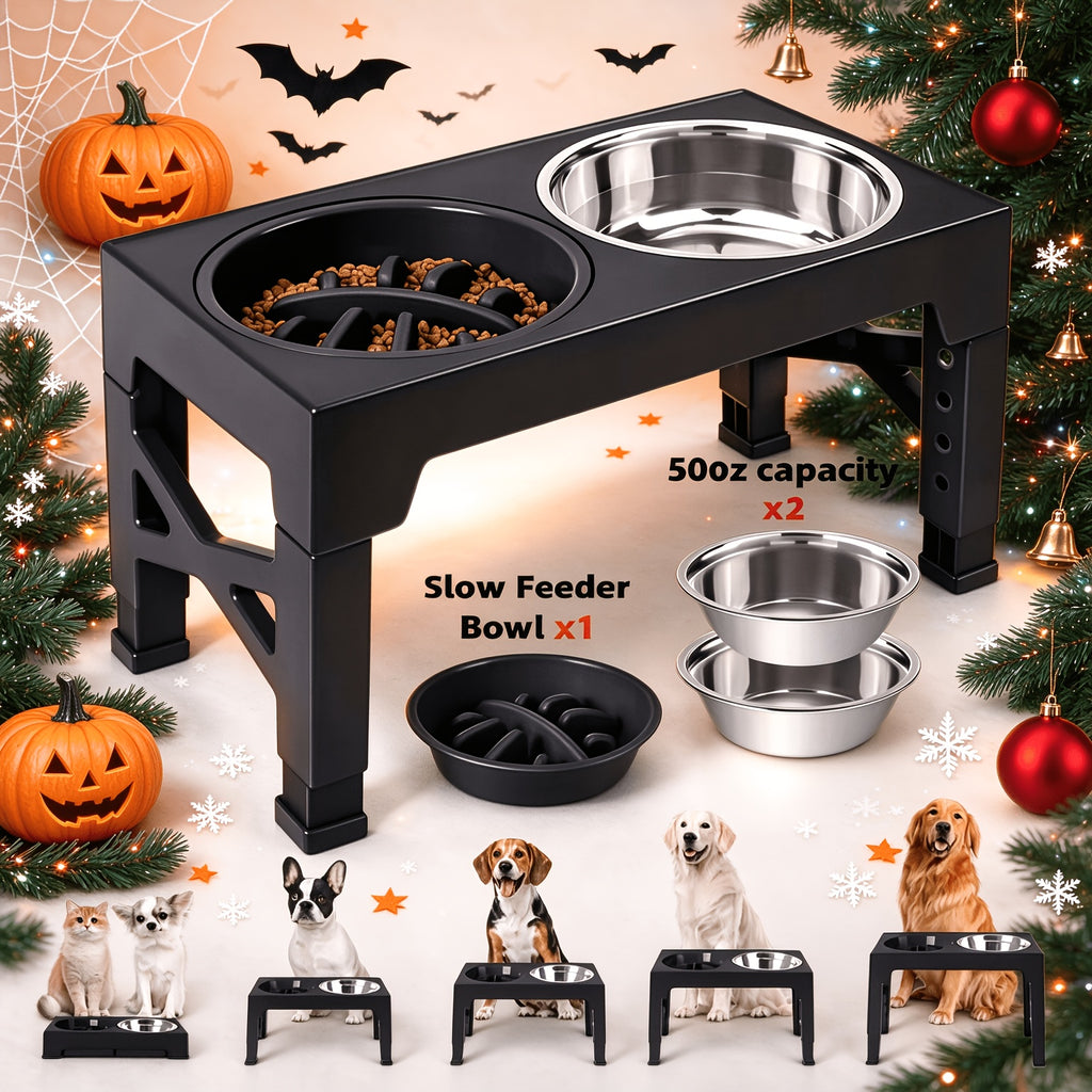 5-Height Dog Bowl Set with Foldable Adjustable Stand, Slow Feeder and Stainless Steel Bowl for Medium and Large Dogs, Black or Pink