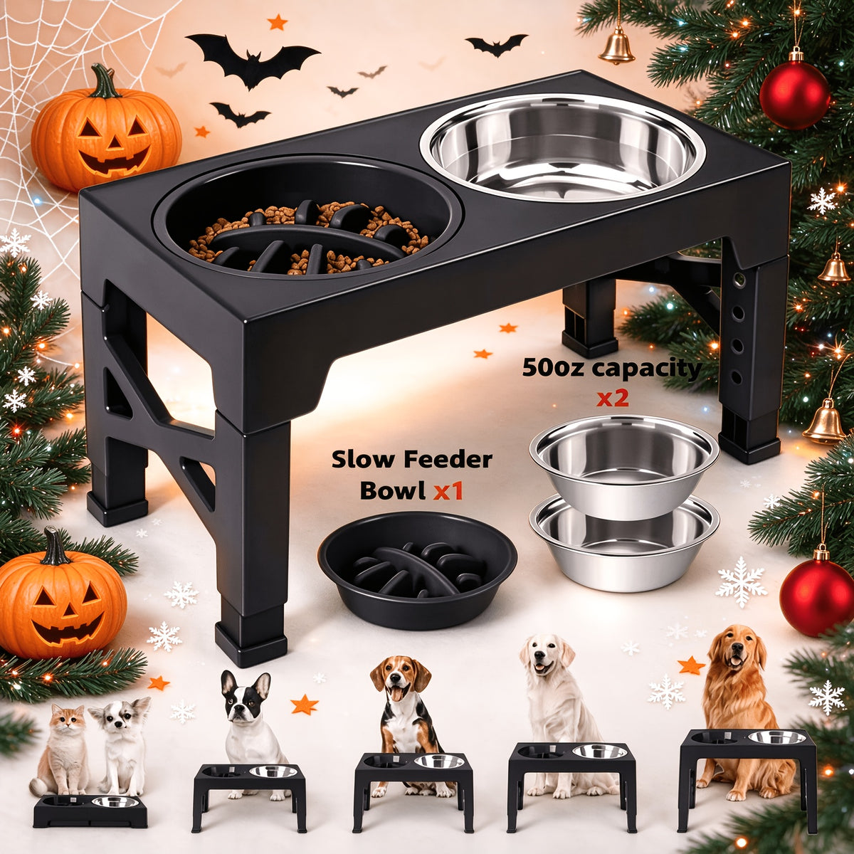 5-Height Dog Bowl Set with Foldable Adjustable Stand, Slow Feeder and Stainless Steel Bowl for Medium and Large Dogs, Black or Pink