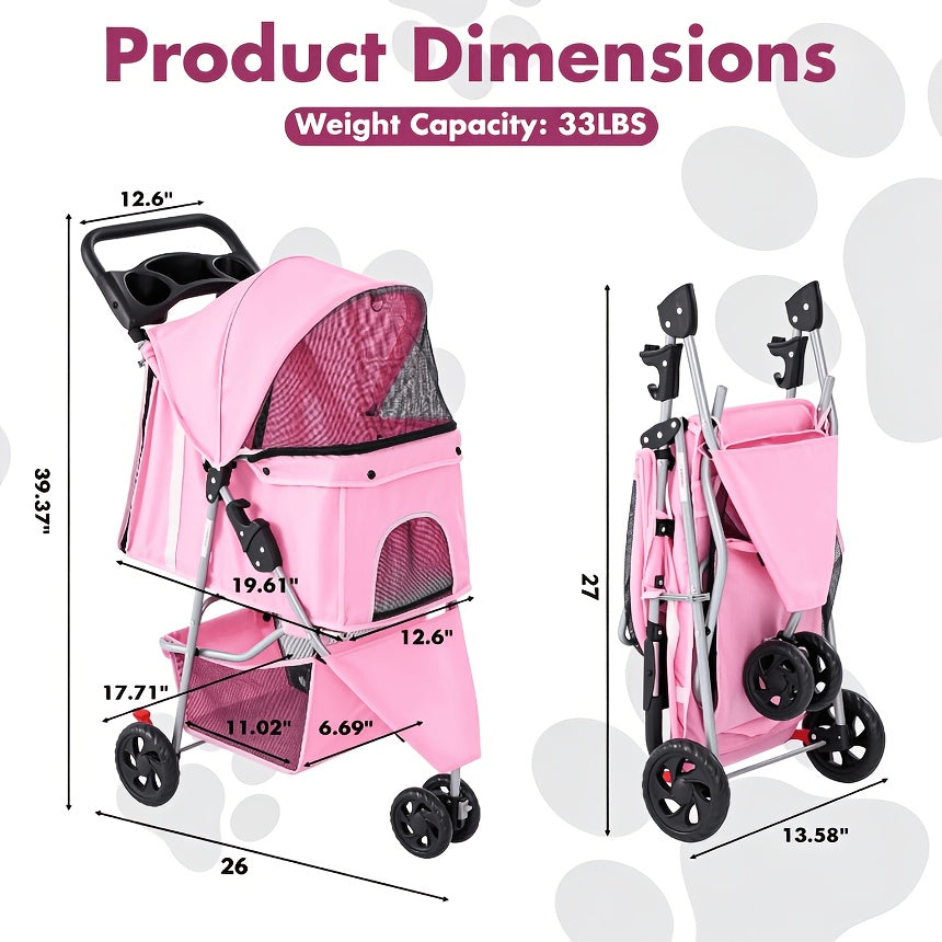 Pink Pet Stroller for Small Dogs and Cats, Lightweight Three-Wheel Foldable Travel Carrier with Breathable Mesh, Storage Basket and Cup Holder