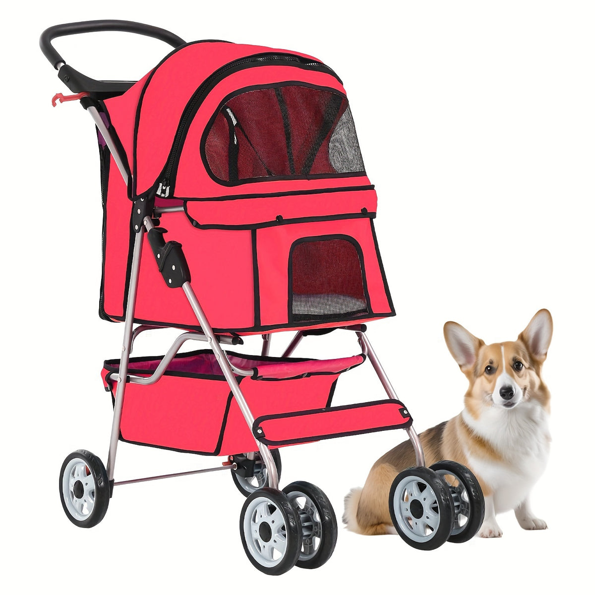 Pet Stroller with Four-Wheel Layout, Folding Frame and Mesh Canopy, Dog and Cat Pushchair with Storage Basket, Cup Holder and Removable Liner