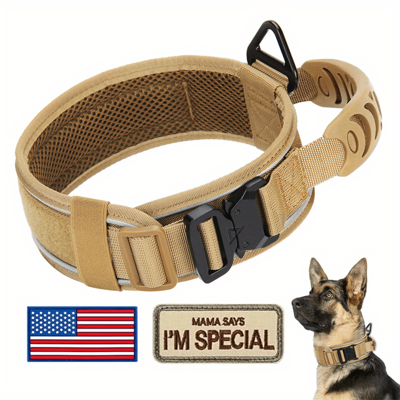 Tactical Dog Collar 2.6 Inch Wide with Padded Control Handle, Reflective Adjustable Nylon and Mesh Collar with Metal Buckle and 2 Patches, M L XL