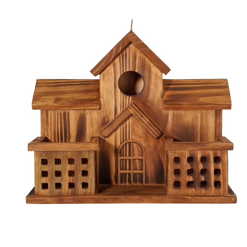 Compact Wooden Birdhouse with Feeding Spoon, Hanging Cottage-Style Bird House with Round Openings and Front Feeding Areas for Outdoor Garden Decor