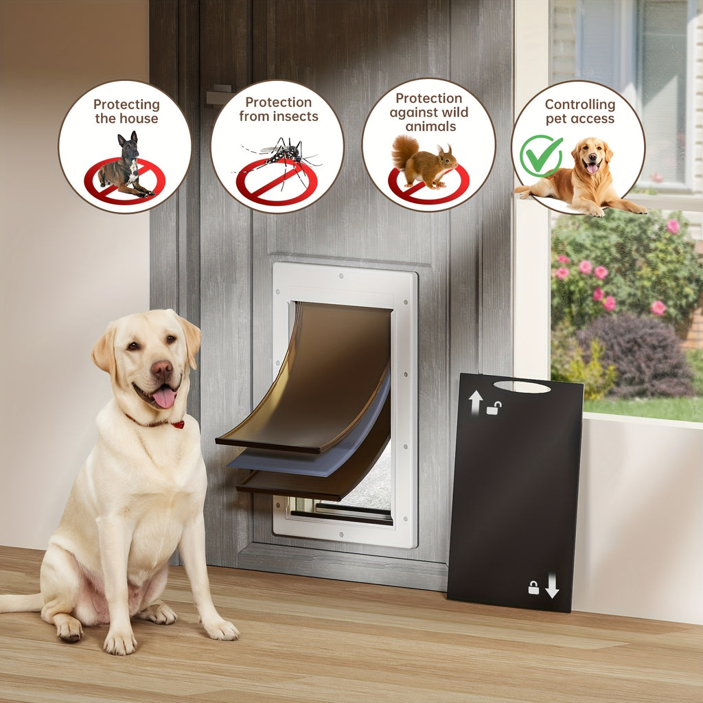 3-Flap Dog Door with Insulation Layer and Two Magnetic Flaps, Reinforced Polymer Pet Entry with Closing Panel in Medium or Large, Black or White