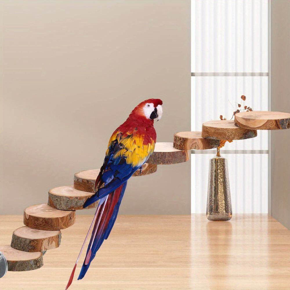 Bird Ladder with Wood Slice Platforms, 15-Inch Natural Wood Climbing Perch with Bolt-On Ends for Small Parrots and Parakeet Cage Activity
