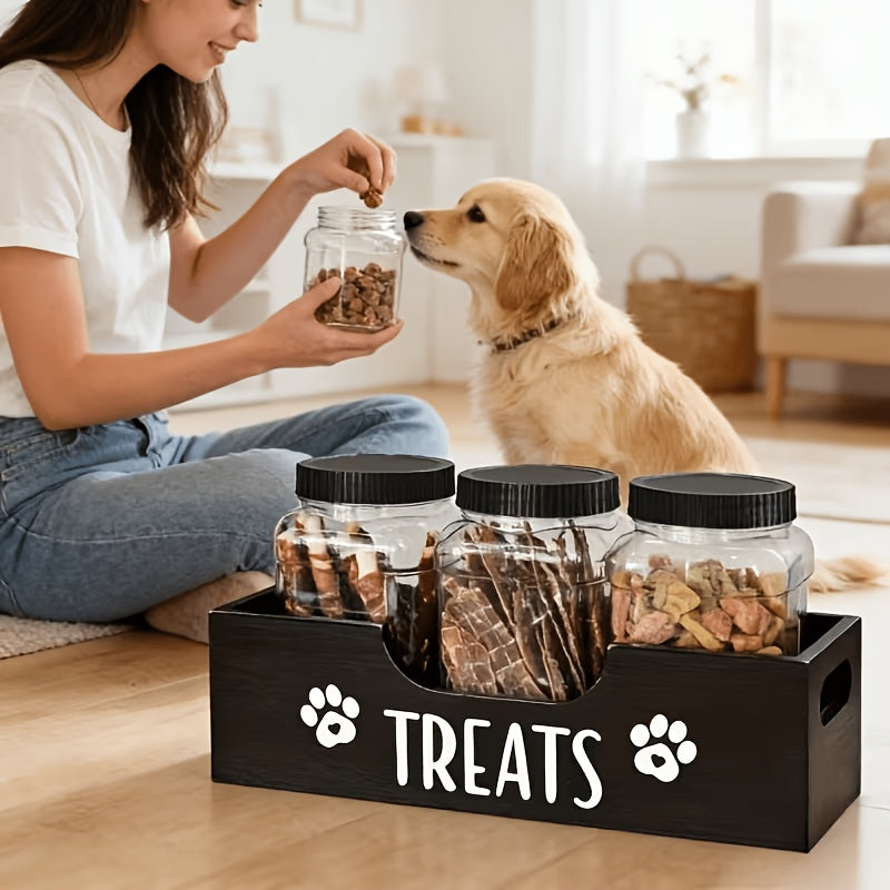 Pet Treat Jar Organizer with Paw Print Pattern, Farmhouse Countertop Holder for 3 Jars, Faux Wood Look in Black or White for Dog Owners
