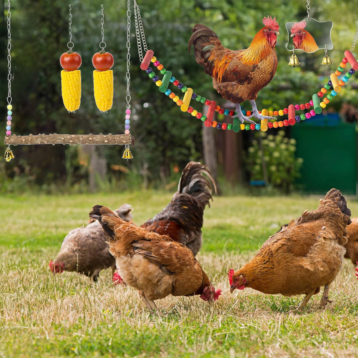Chicken Coop Toy Set in 5 or 9 Piece Options, Hanging Poultry Enrichment Accessories for Backyard Hens, Coop Activity and Chicken Keeper Gifts