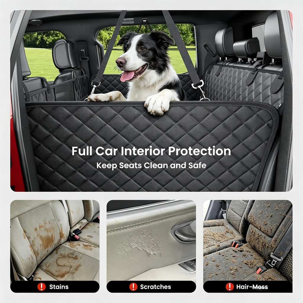 Back Seat Extender for Dogs with Hard Bottom, Black Quilted Car Seat Cover Hammock with Mesh Window and Storage Pockets for Compatible Cars, SUVs and Trucks