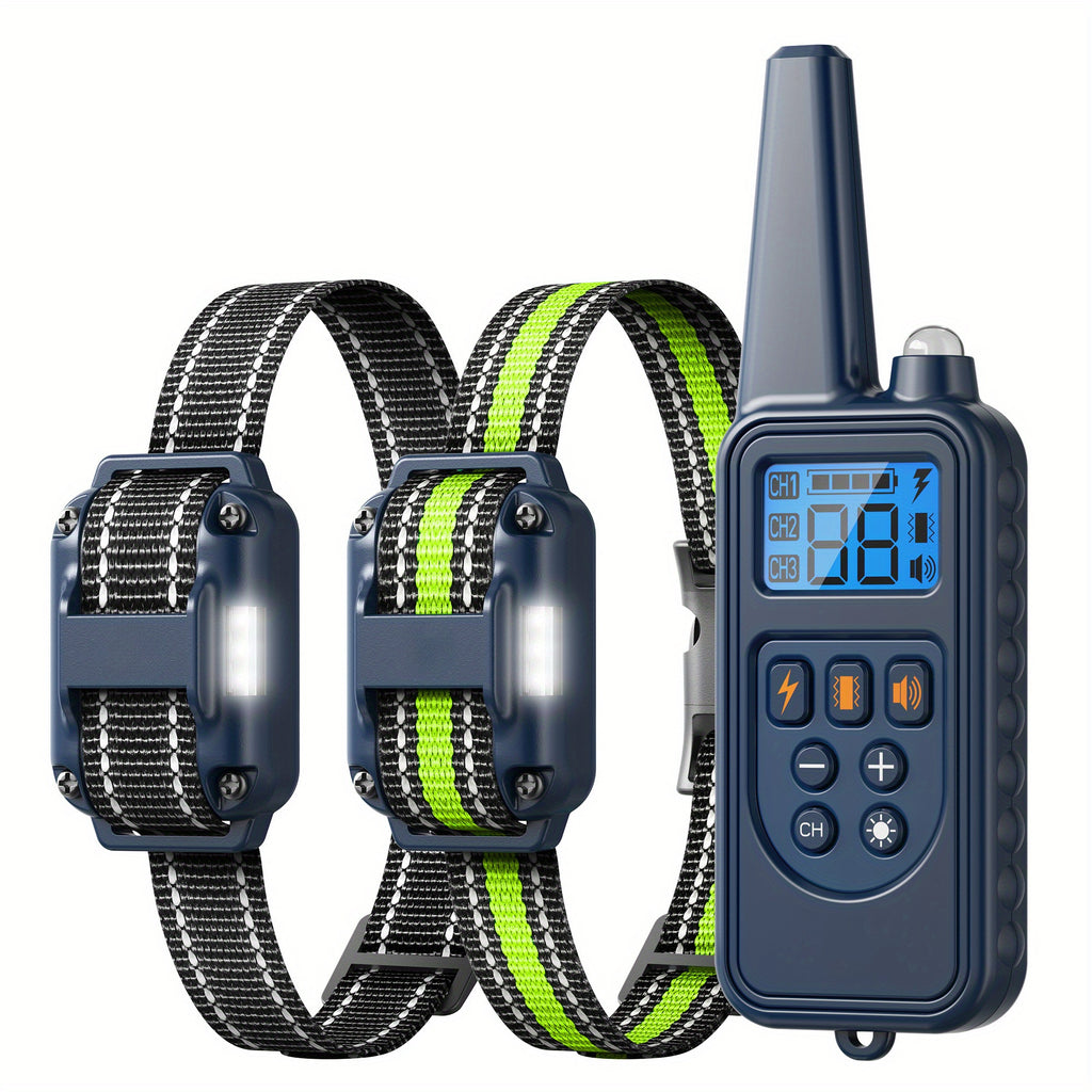 Dog Training Collar with Remote and LED Lights, Beep, Vibration and Static Stimulation Modes, Black or Blue Single-Dog and Blue Two-Dog Options