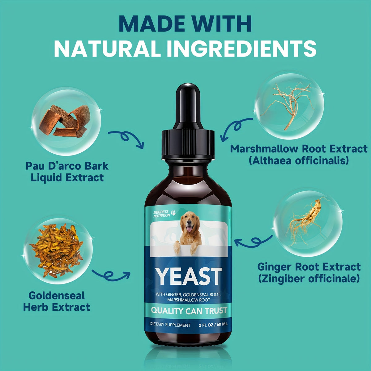 Yeast Health Drops for Dogs and Cats, 2 fl oz (60 mL) Liquid Dietary Supplement in Dropper Bottle with One, Two or Three Bottle Options