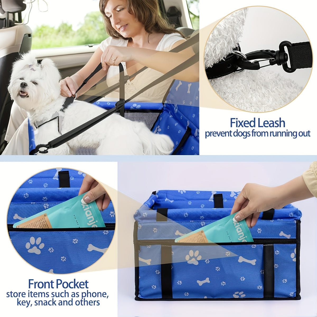 Small Dog Car Booster Seat with Bone Print, Foldable Oxford Pet Travel Carrier with Mesh Sides, Adjustable Straps and Storage Pocket