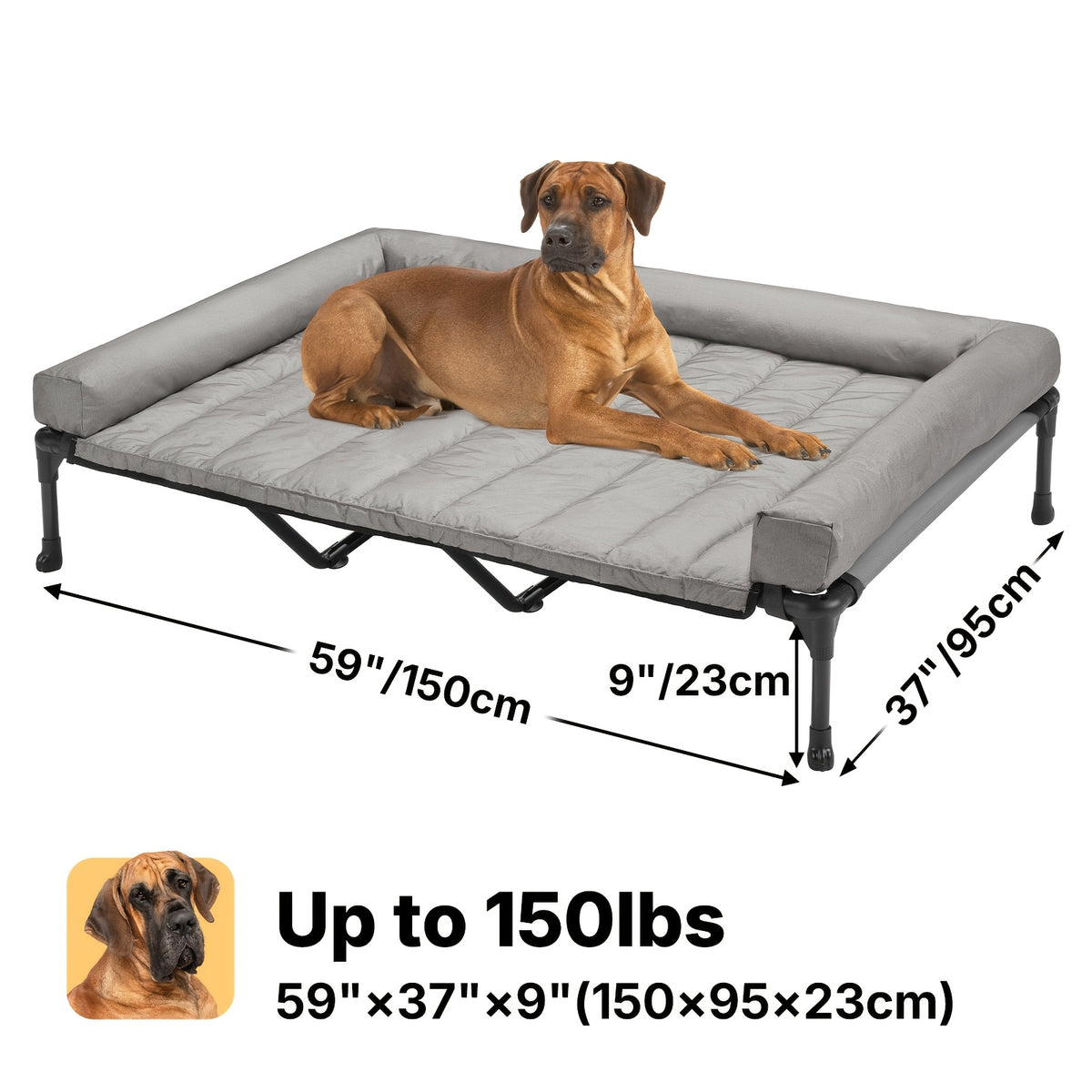 Elevated Dog Bed with Removable Pillow-Top Mat, Three-Sided Bolster Pet Cot with Breathable Teslin Mesh, Steel Frame and Non-Slip Feet in Four Sizes
