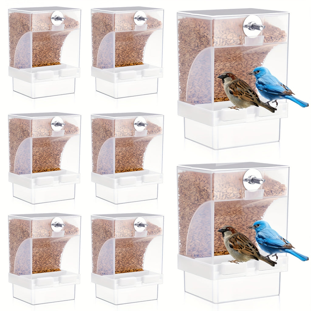 Gravity-Fed Bird Cage Feeder 8-Piece Set, Transparent Plastic Seed Dispensers with Mess-Reducing Design for Parakeets, Canaries, Cockatiels and Finches