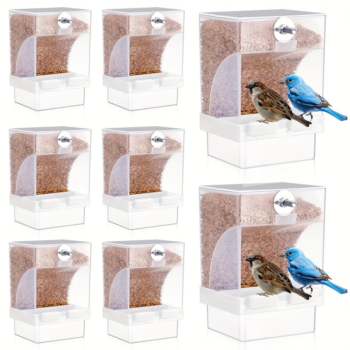 Gravity-Fed Bird Cage Feeder 8-Piece Set, Transparent Plastic Seed Dispensers with Mess-Reducing Design for Parakeets, Canaries, Cockatiels and Finches
