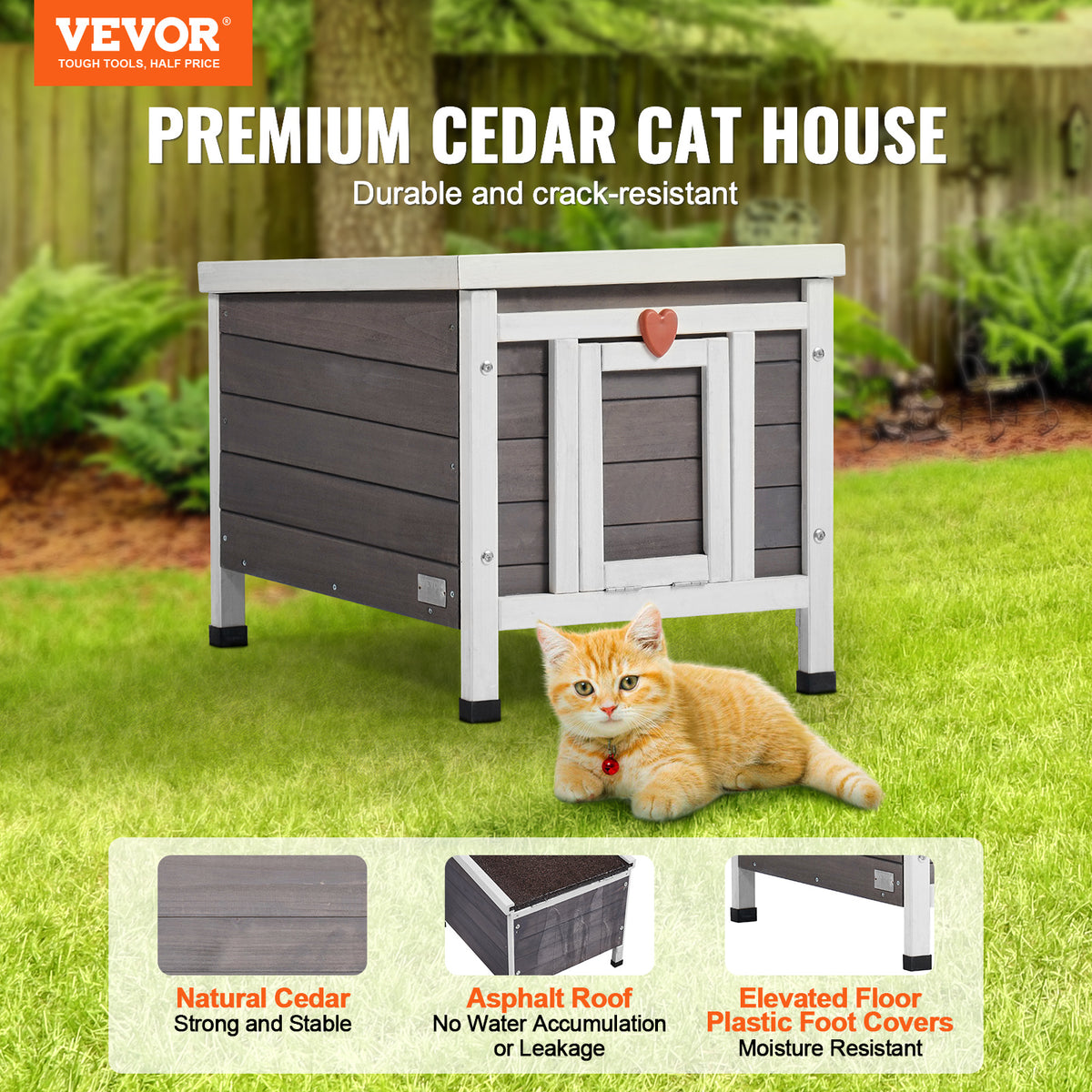 Fir Wood Outdoor Cat House with Asphalt Roof, Acrylic Window and Removable PVC Door Flaps, 20 or 24 Inch Feral Cat Shelter with Cleaning Access