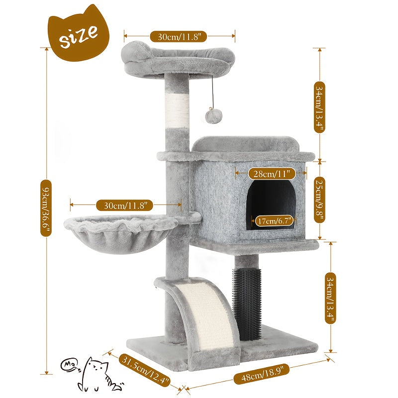 Cat Tree 36.6 Inch with Hammock and Plush Perch, Multi-Level Indoor Cat Climbing Tower with Sisal Scratching Post in Gray or Dark Gray