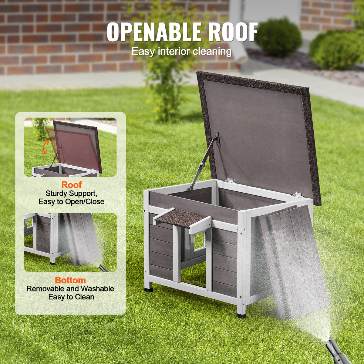 Fir Wood Outdoor Cat House with Asphalt Roof, Acrylic Window and Removable PVC Door Flaps, 20 or 24 Inch Feral Cat Shelter with Cleaning Access