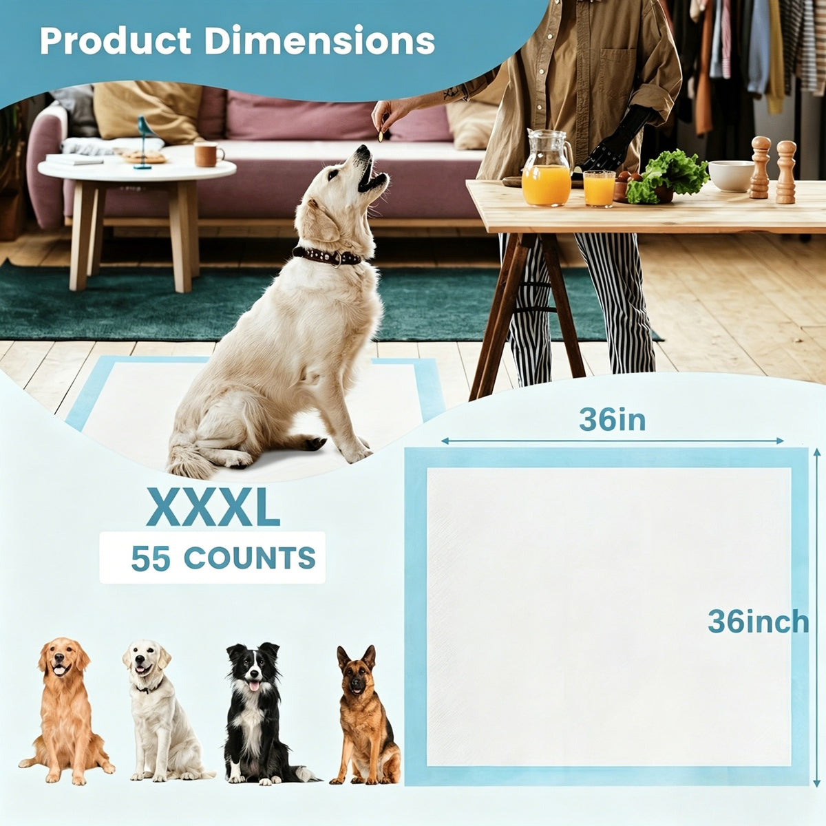 Dog Pee Pads 36 x 36 Inches, 55 Count Extra Large Six-Layer Disposable Puppy Potty Training Pads with Soft Nonwoven Surface for Home and Crates