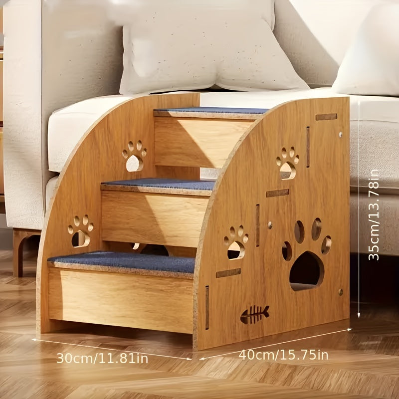 Wooden Pet Stairs with Paw Cutouts, 3-Tier Non-Slip Dog and Cat Steps for Suitable Bed and Sofa Heights, Indoor Furniture Access Ladder for Home Use