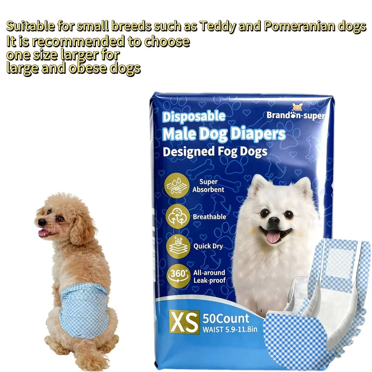 Absorbent Disposable Dog Diapers 50 Pack, Male and Female Style Options in XS to L for Puppies, Senior Dogs and Everyday Accident Care