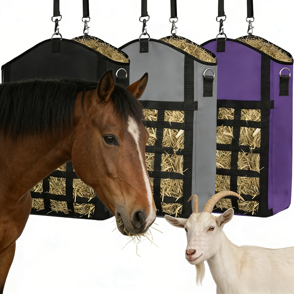 Hanging Hay Feeder Bag for Horses, Goats and Sheep, Open-Top Forage Holder with Grid Feeding Panel for Barn Stalls, Fences and Trailers
