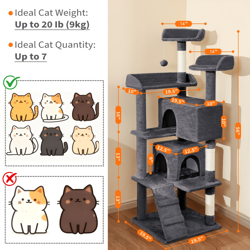 Cat Tree with Two Condo Retreats in Light Grey, Multi-Level Indoor Cat Tower with Scratching Posts and Play Toys for Kittens and Cats to Climb, Rest and Explore
