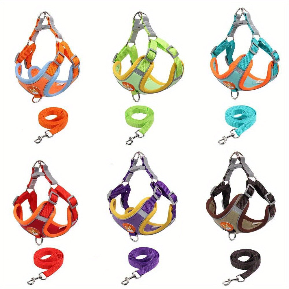 Small Dog Harness and Leash Set with Reflective Breathable Vest, Adjustable Fit, 15 Poop Bags, Random-Color Dispenser and 4 Bells for Daily Walks