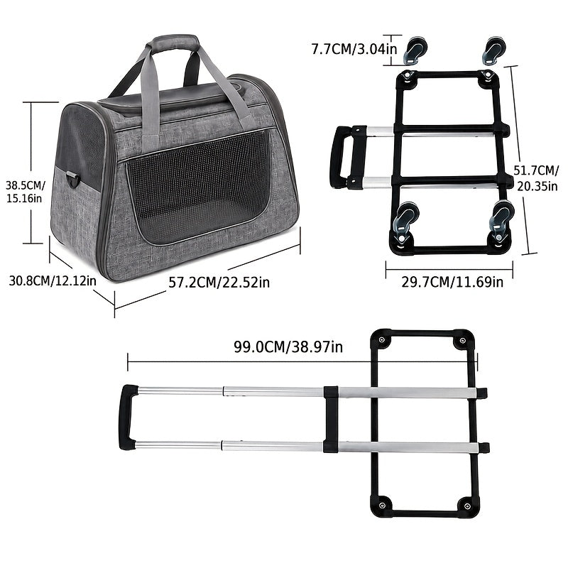 Cat Carrier with Wheels and Carrying Style Options, Foldable Mesh Pet Travel Bag in Light Grey or Pink for Vet Visits and Everyday Trips