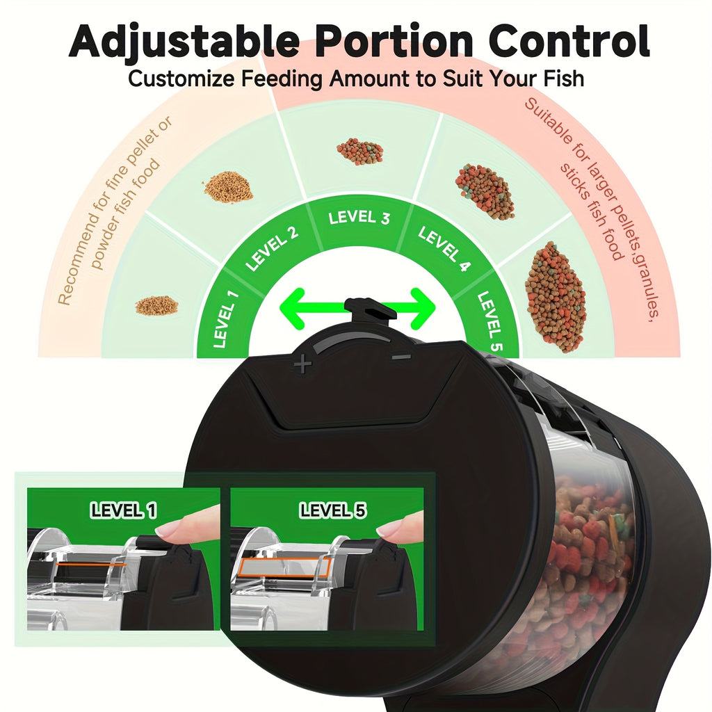 Timed Aquarium Fish Feeder 110 mL, Automatic Food Dispenser with 12H 24H 48H Intervals, Manual Feeding Button and Tank Clamp, Battery Powered in Black