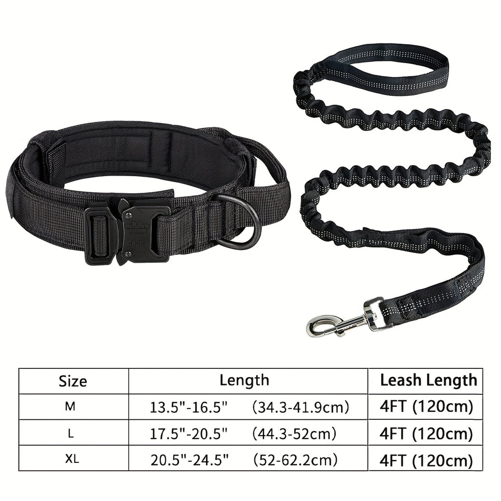 Dog Collar and Leash Set, Adjustable Tactical Polyester Collar with Metal Buckle and D-Ring for Daily Walks and Training, Black or Khaki, M L XL