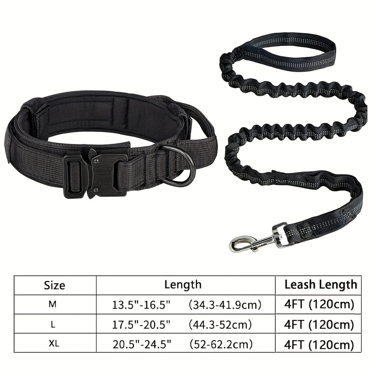 Dog Collar and Leash Set, Adjustable Tactical Polyester Collar with Metal Buckle and D-Ring for Daily Walks and Training, Black or Khaki, M L XL