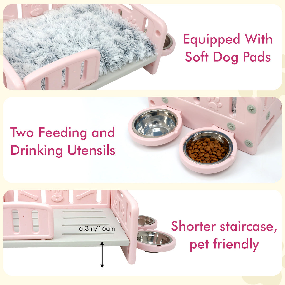 Elevated Dog Bed with Feeding Bowls, Plush Mat and Front Entry, Pink or Blue Pet Sofa with Paw-Print Side Panels for Small to Medium Dogs