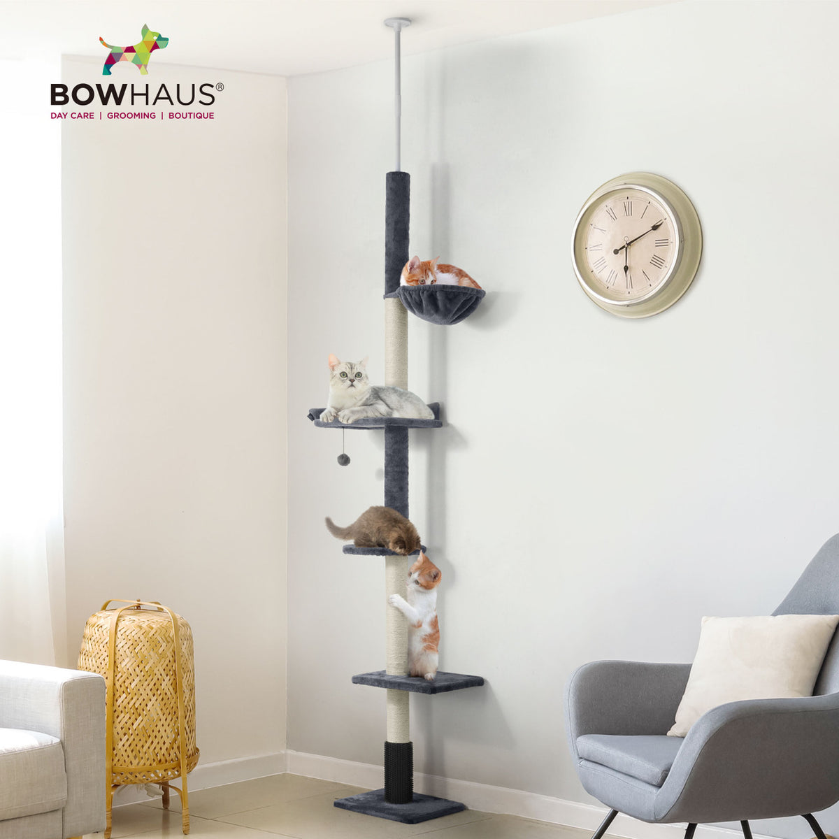 Floor to Ceiling Cat Tree with Hammock, Adjustable Cactus Cat Tower with Sisal Scratching Post, Faux-Fur Platforms and Interactive Playball for Indoor Cats