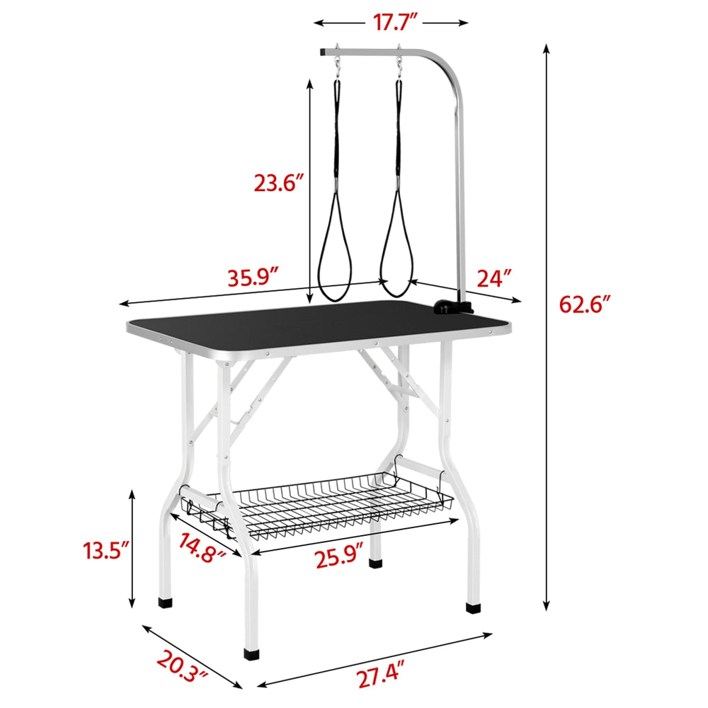 Foldable Dog Grooming Table with Mesh Tool Shelf, Detachable Height Adjustable Arm and Antiskid Surface for Small to Medium Dogs