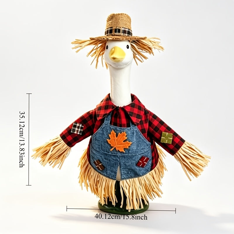 Thanksgiving Porch Goose Outfit for 23-Inch Statues, Scarecrow Costume with Red Plaid Shirt, Maple Leaf Denim Suspenders and Straw Hat