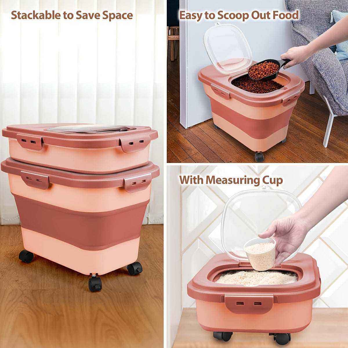 Foldable Dog Food Storage Container with Wheels, Airtight Pet Kibble Bin with Measuring Cup and Scoop, 5-30 lb Capacity for Dogs and Cats