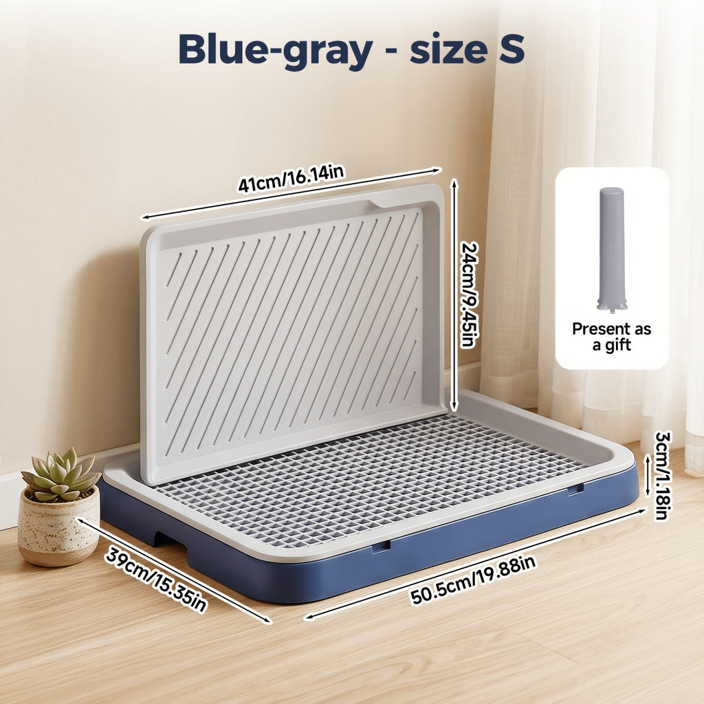 High-Sided Dog Potty Tray with Removable Grate, Indoor Puppy Toilet for House Training, Non-Slip Base, Small Size in Blue Gray or White Gray