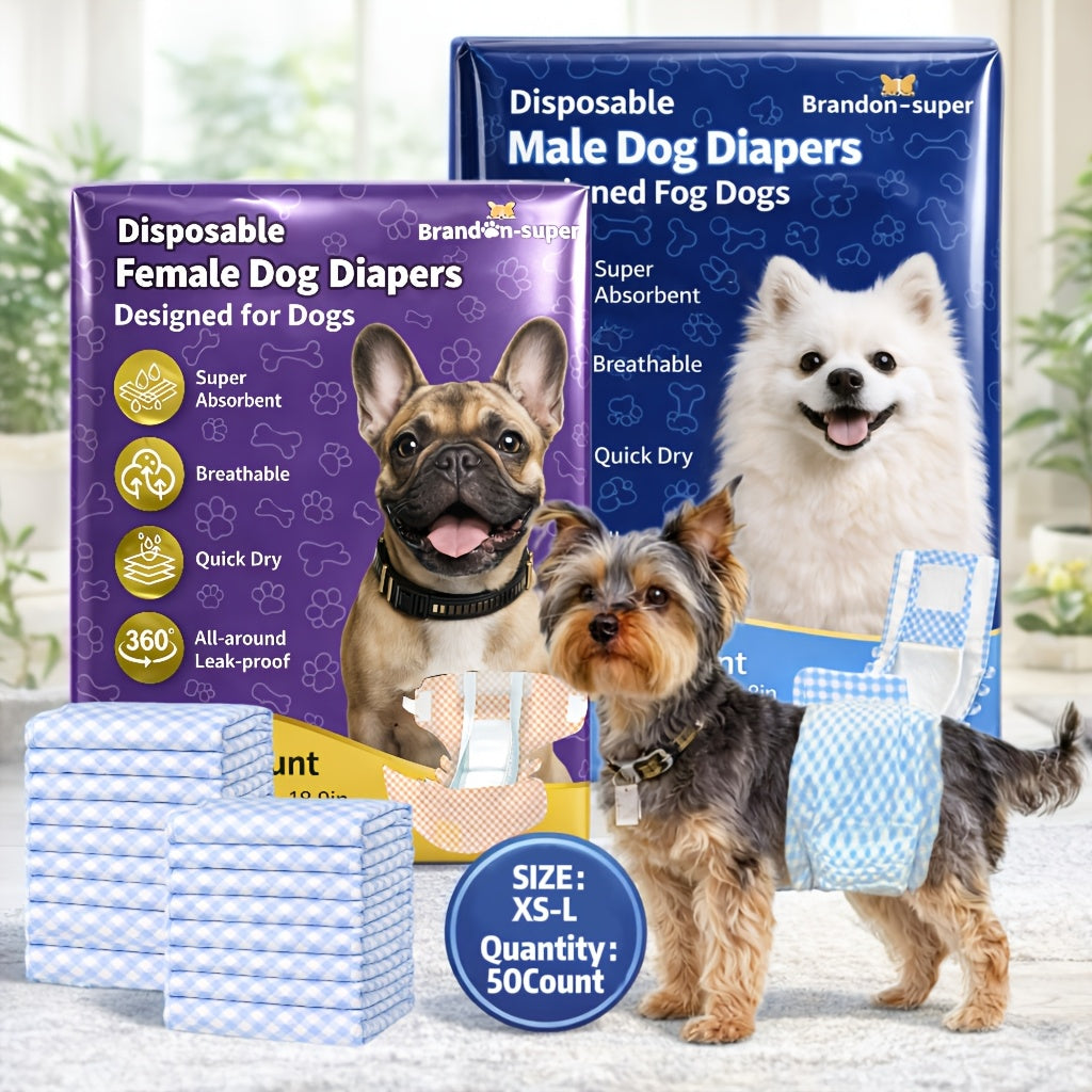 Disposable Dog Diapers 50-Count Bag, Male Wrap and Female Diaper Style Options in XS S M L for Supervised Indoor Accident Management and Pet Hygiene