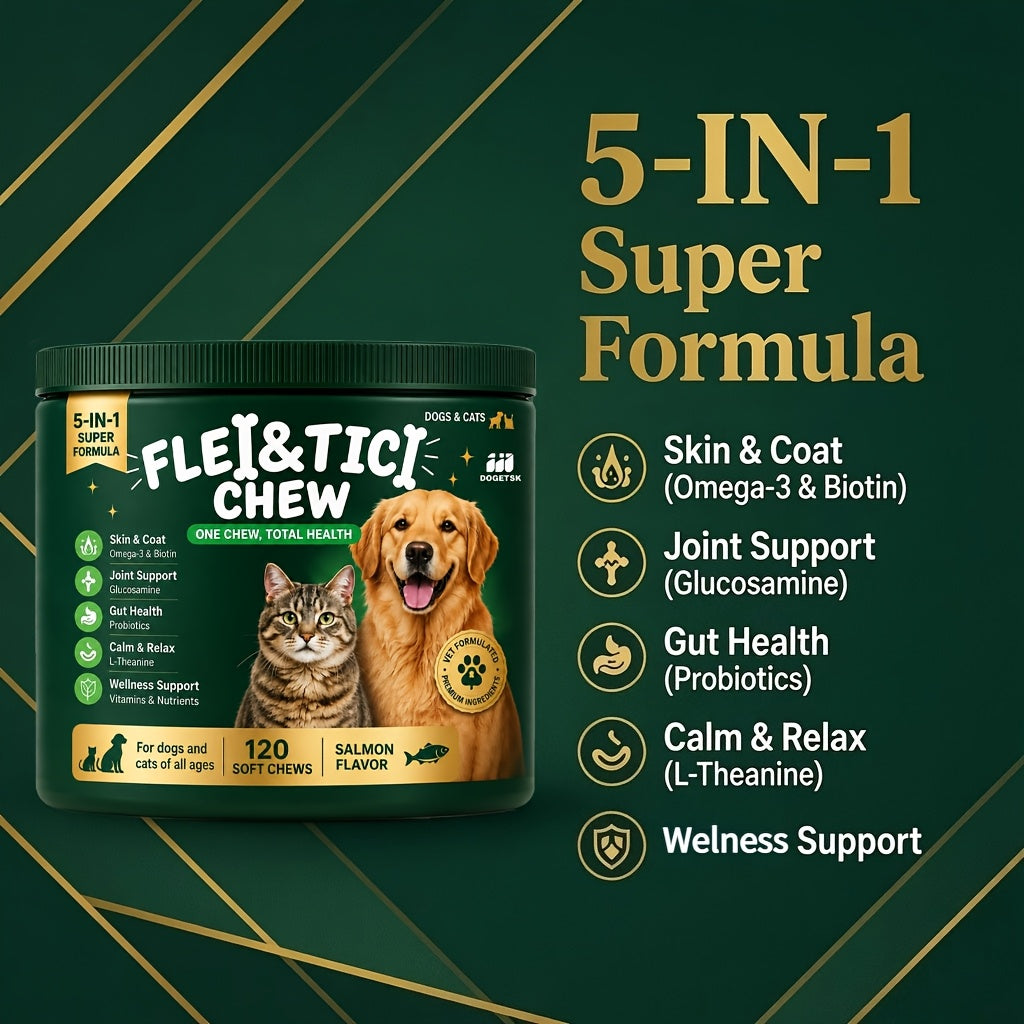 Salmon Flavor Pet Soft Chews for Dogs and Cats, Dogetsk 5-in-1 Formula, 120 Count in One Bottle for Owner-Managed Supplement Routines
