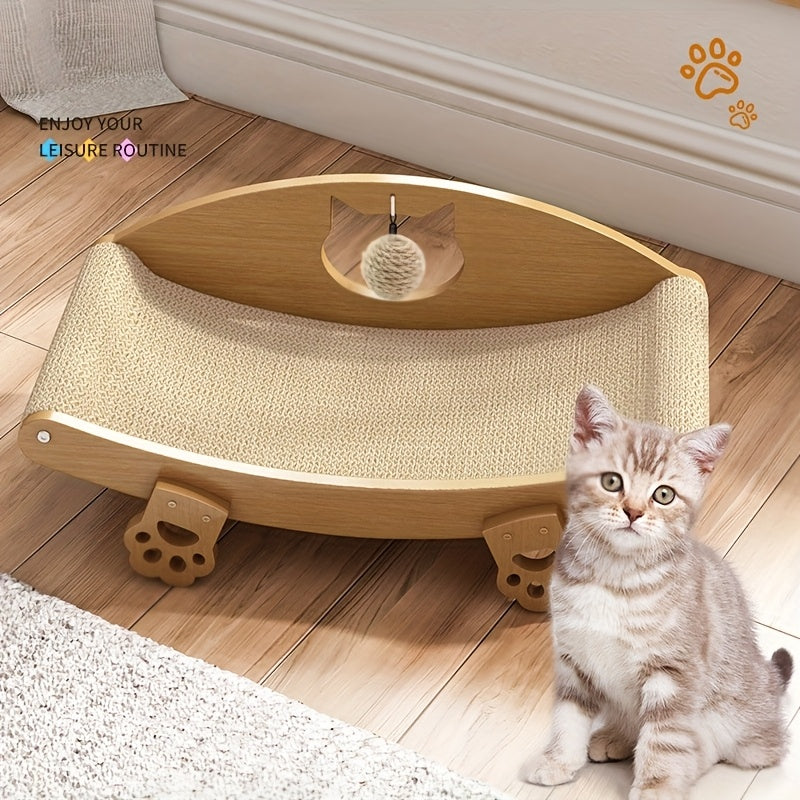 Cat Scratching Lounge with Hanging Ball Toy, Natural Sisal Pad and Solid Wood Curved Chair for Indoor Cats to Scratch, Stretch, Rest and Play