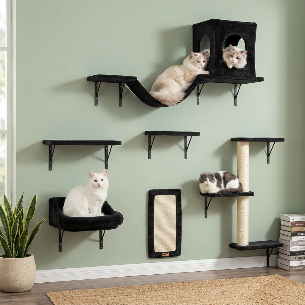 Cat Wall Furniture Set 6-Piece with Shelves, Condo, Scratching Board, Bridge and Tunnel, Wall-Mounted Indoor Cat Climbing and Resting Perches