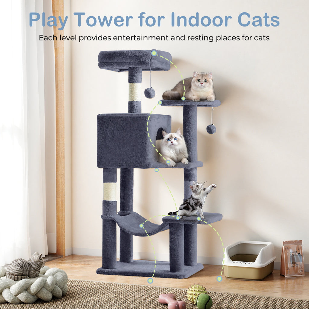 Cat Tree with Cloud-Shaped Perch, 44 Inch Indoor Cat Tower with Hammock, Cozy Condo, Sisal Scratching Posts and Multi-Level Climbing Platforms