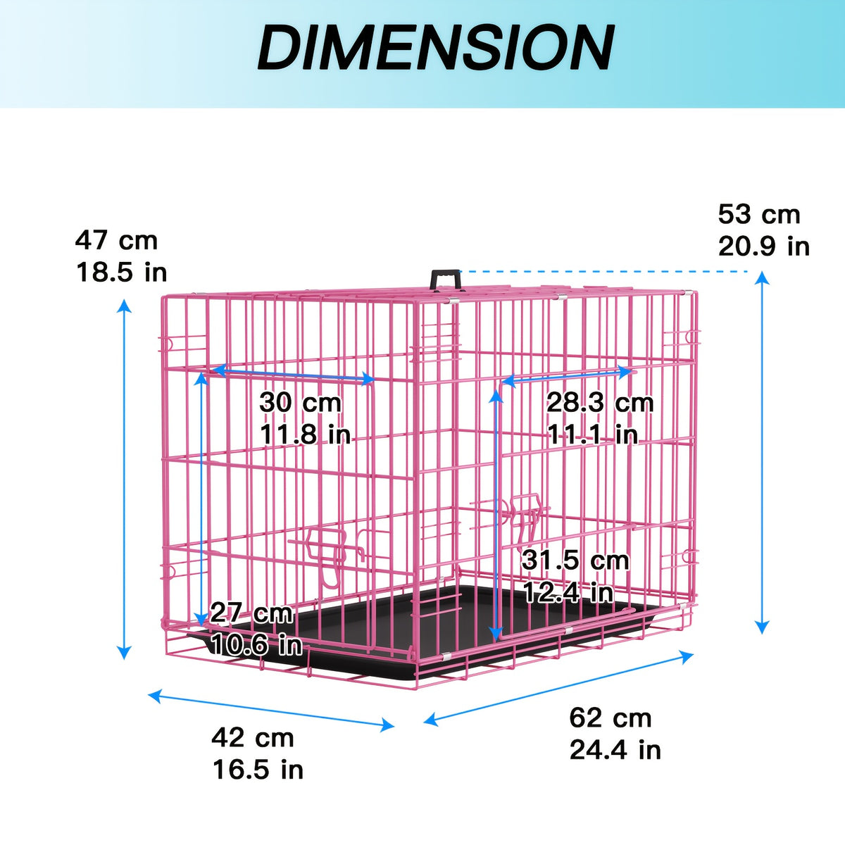 Foldable Dog Crate with Divider Panel, Metal Wire Pet Kennel with Plastic Pan in 18, 24, 30 or 36 Inch Length Options, Black, Blue and Pink Styles