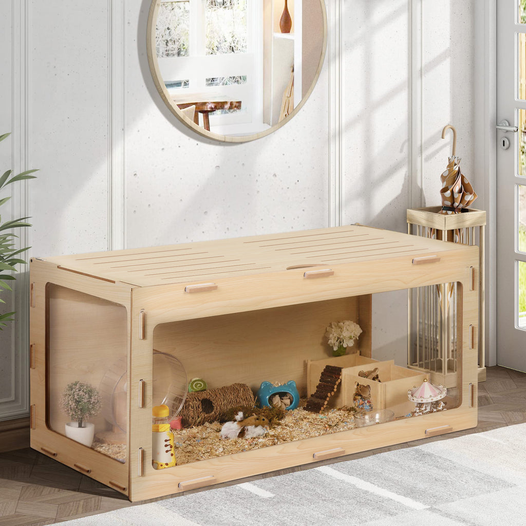 Hamster Habitat Wooden Cage with Clear Acrylic Front, Openable Top and Side Locks, 31.5-Inch Small Pet Enclosure in Natural or Burlywood