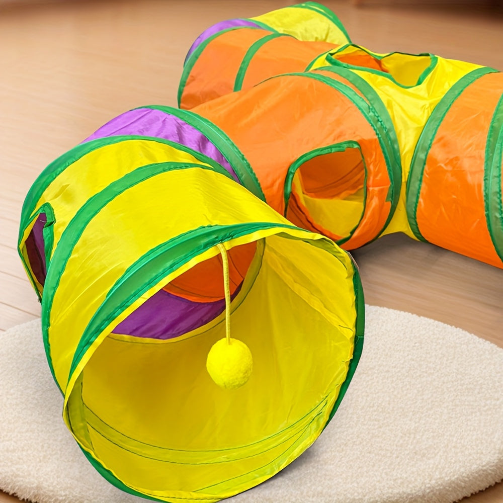 T-Shaped Cat Tunnel with Hanging Ball, Collapsible Polyester Play Tube with Multiple Entrances for Indoor Cat Hide-and-Seek and Daily Exploration