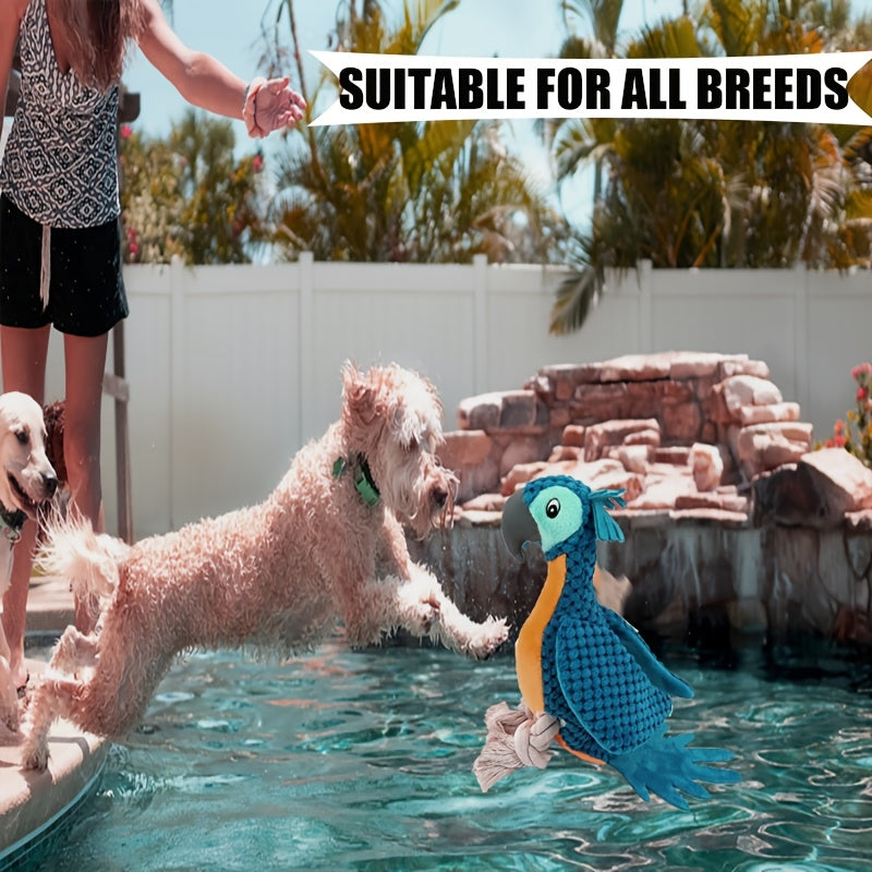 Squeaky Parrot Dog Toy with Rope, Blue Crowned Bird Plush Companion for Supervised Gentle Tug, Interactive Indoor Play and Dog Birthday Gifts