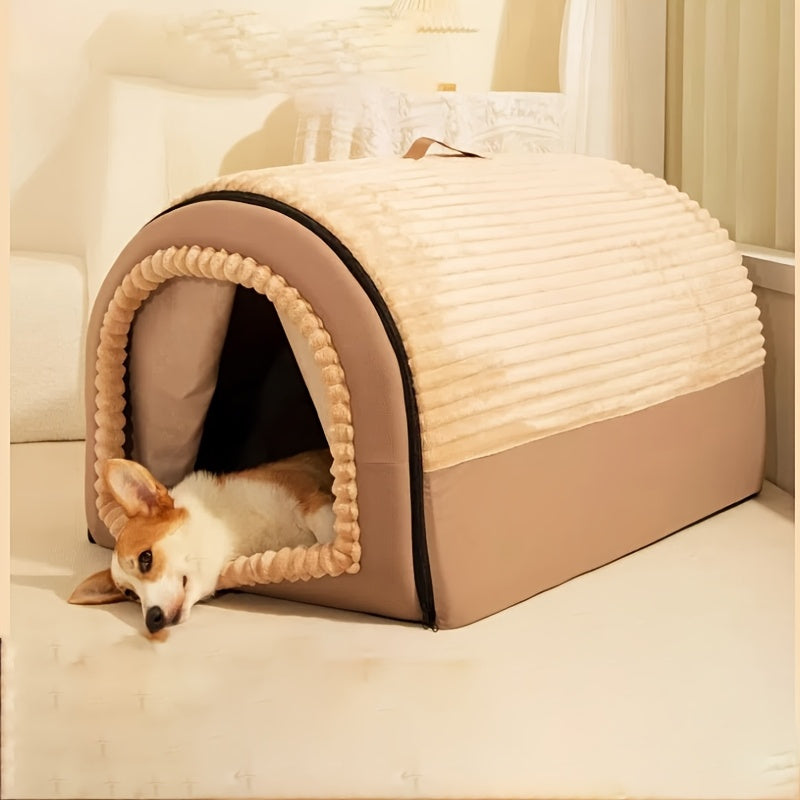 Foldable Indoor Dog House with Lid and Handle, 2-in-1 Brown Pet Tent Cave Bed with Soft Anti-Slip Washable Cushion for Dogs and Cats
