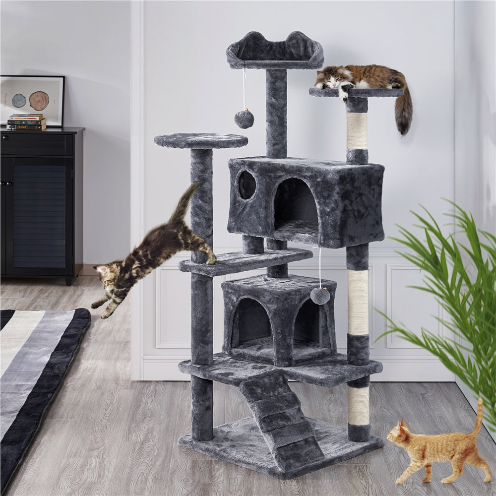 Cat Tree with Twin Hideaways, 54 or 62 Inch Dark Gray Indoor Cat Tower with Two Condos, Three Scratching Posts and Dangling Balls for Play and Rest